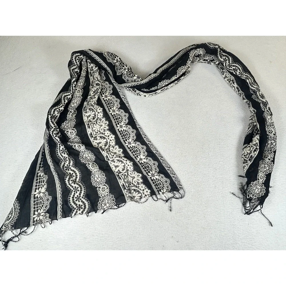 Unbranded Lace Print Scarf Women OS Black Ivory Boho